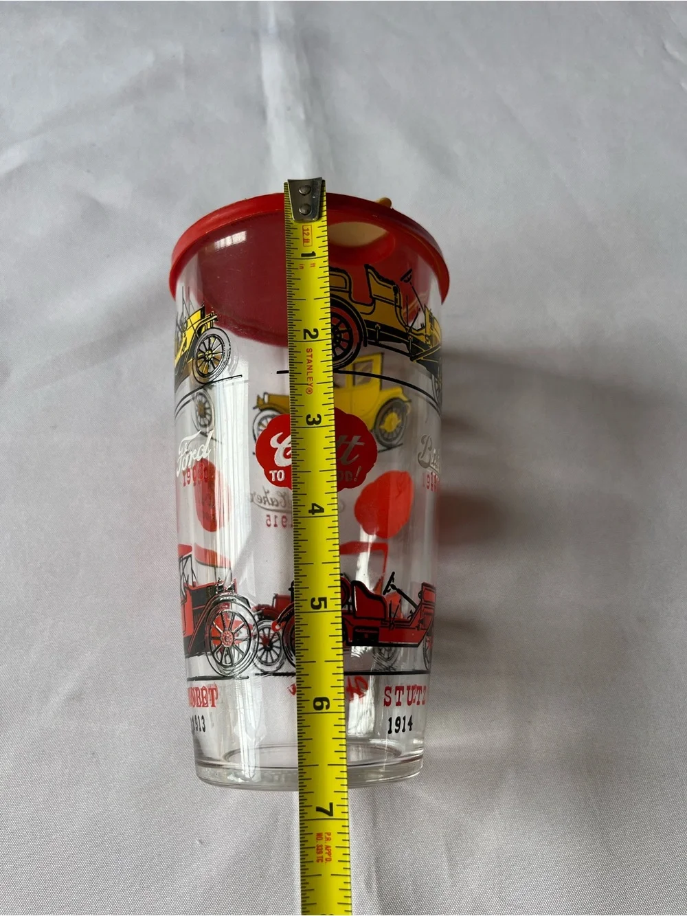 Vintage MCM Hazel Atlas Glass Antique Car Cocktail Shaker with Red Lid